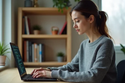 Femme développeuse utilisant la commande popd dans un terminal Linux sur un laptop dans un bureau à domicile