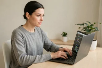 Développeuse Python concentrée tapant du code d'automatisation sur un ordinateur portable dans un bureau à domicile épuré