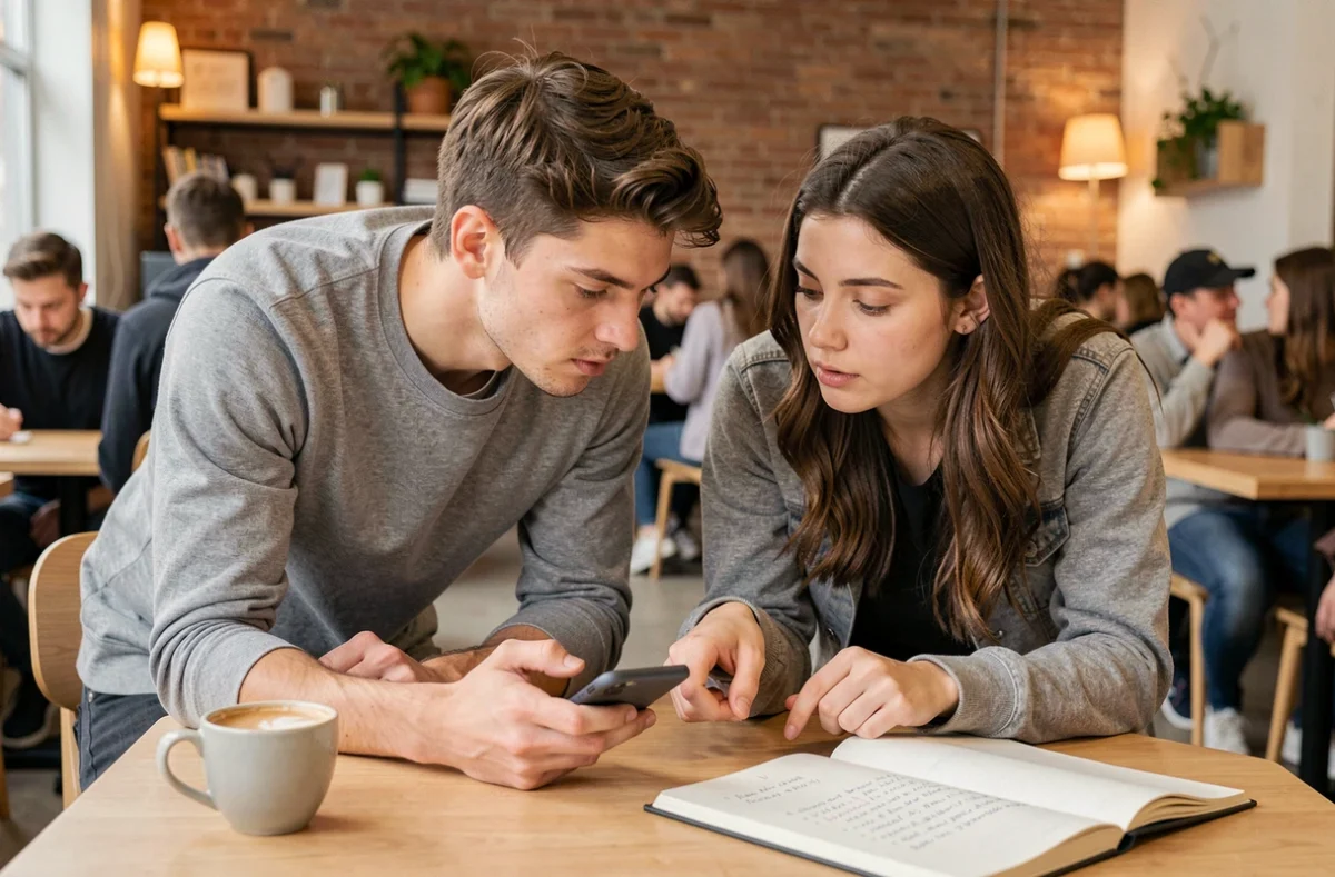 Deux utilisateurs discutant des risques du downgrade iOS sur un iPhone dans un café moderne