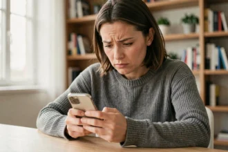 Femme vérifiant les paramètres de son iPhone pour effectuer un retour à une version iOS antérieure