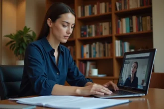 Femme consultant des documents juridiques sur les droits d'auteur à côté d'un ordinateur portable avec une interface de streaming vidéo