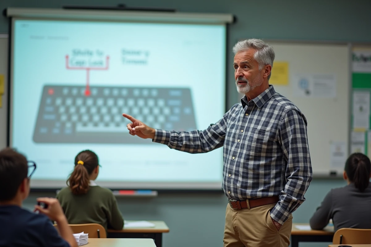 Homme expliquant la touche Shift au tableau en classe