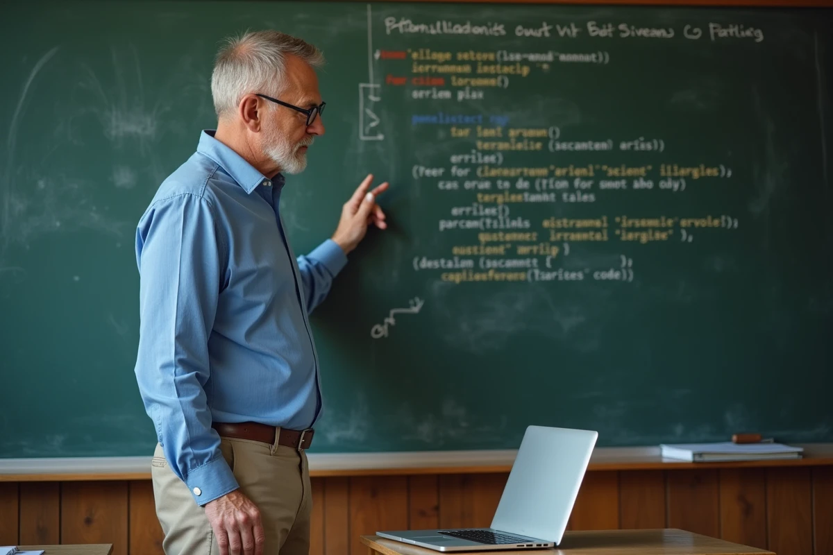 Enseignant expliquant des erreurs Python sur un tableau en classe