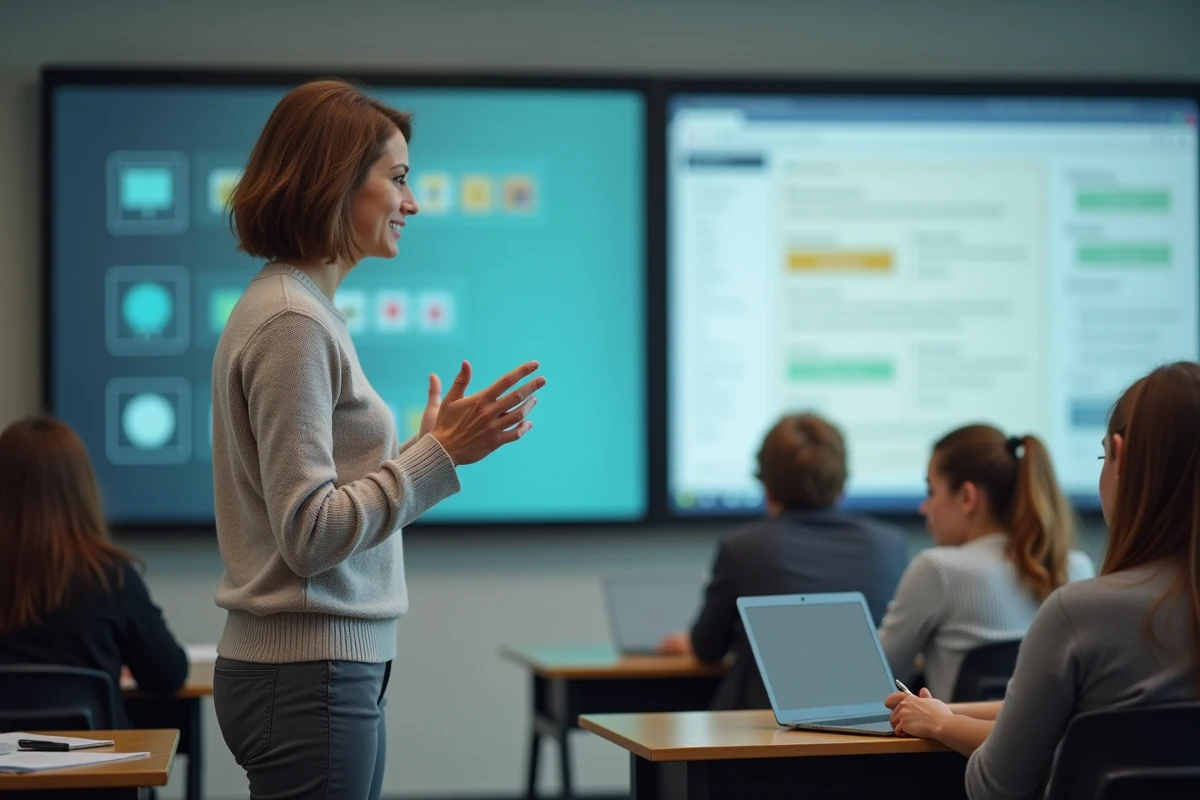 Enseignante féminine en classe moderne avec étudiants et écran numérique