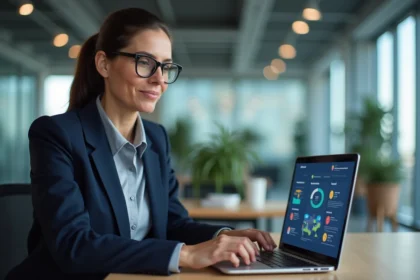Femme cadre utilisant un ENT métier sur son ordinateur portable dans un open space administratif de la Métropole