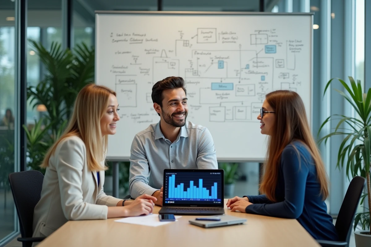 Groupe divers de data scientists discutant autour d un tableau blanc