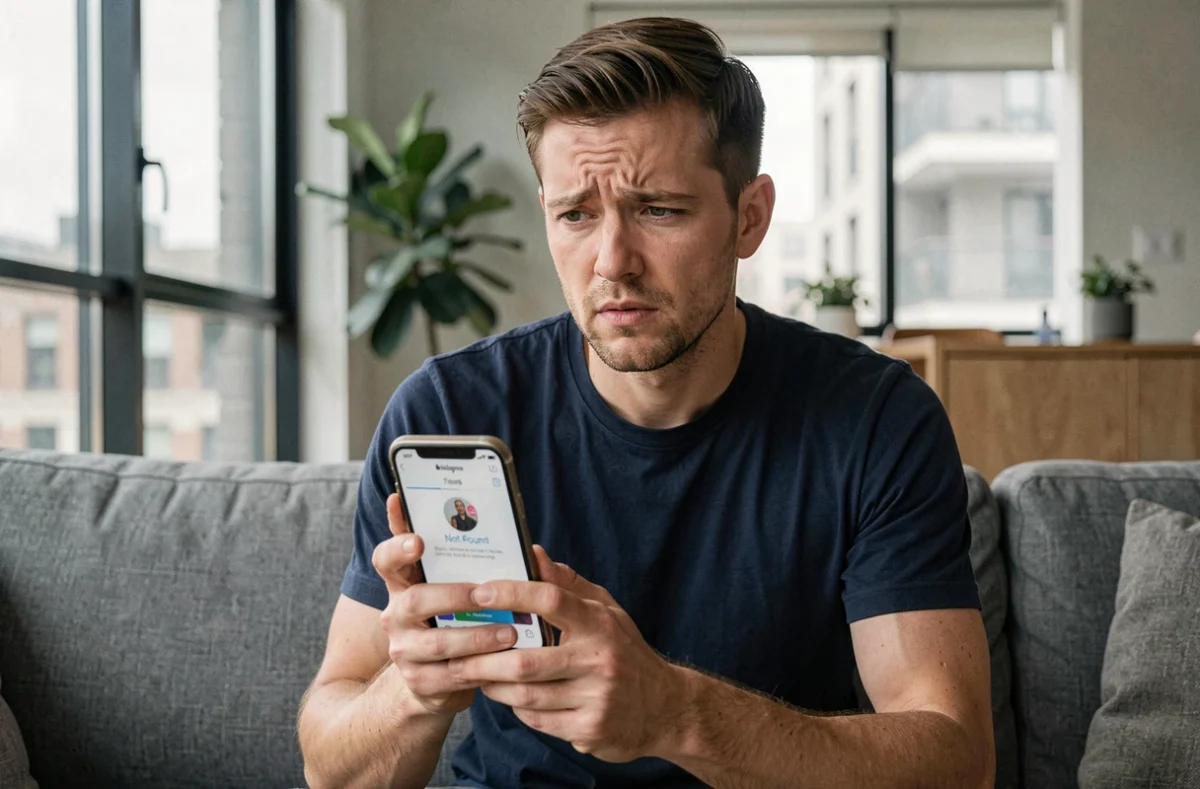 Homme assis sur un canapé gris tenant un smartphone affichant une erreur de compte introuvable sur Instagram dans un appartement moderne