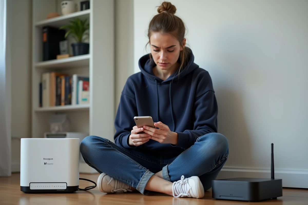 Femme consultant son téléphone pour résoudre le code erreur F3411 de sa box Bouygues à côté du décodeur et du routeur