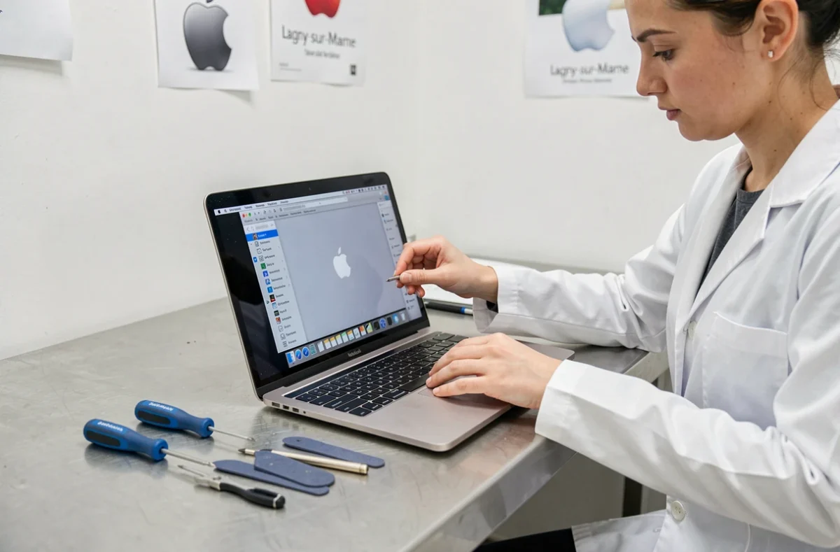Technicienne Esitec réparant un MacBook Pro Apple dans son atelier à Lagny-sur-Marne