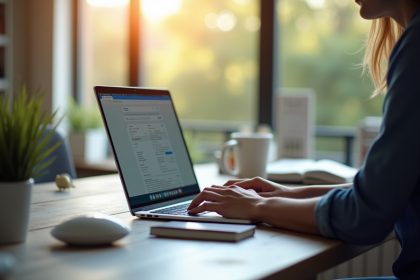 Personne travaillant sur un ordinateur dans un bureau lumineux