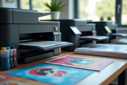 Espace de travail moderne avec plusieurs imprimantes inkjet ouvertes