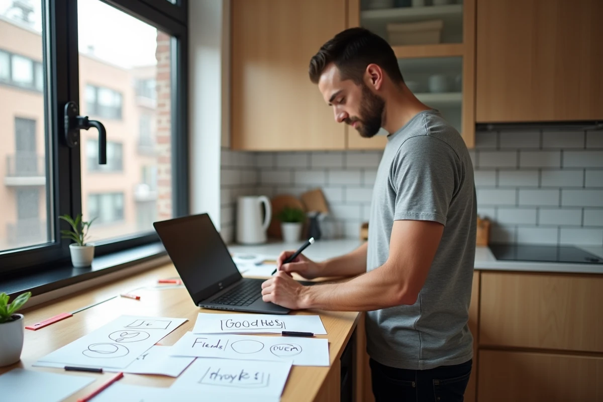 Homme dessinant des esquisses de logo sur tablette graphique dans une cuisine moderne