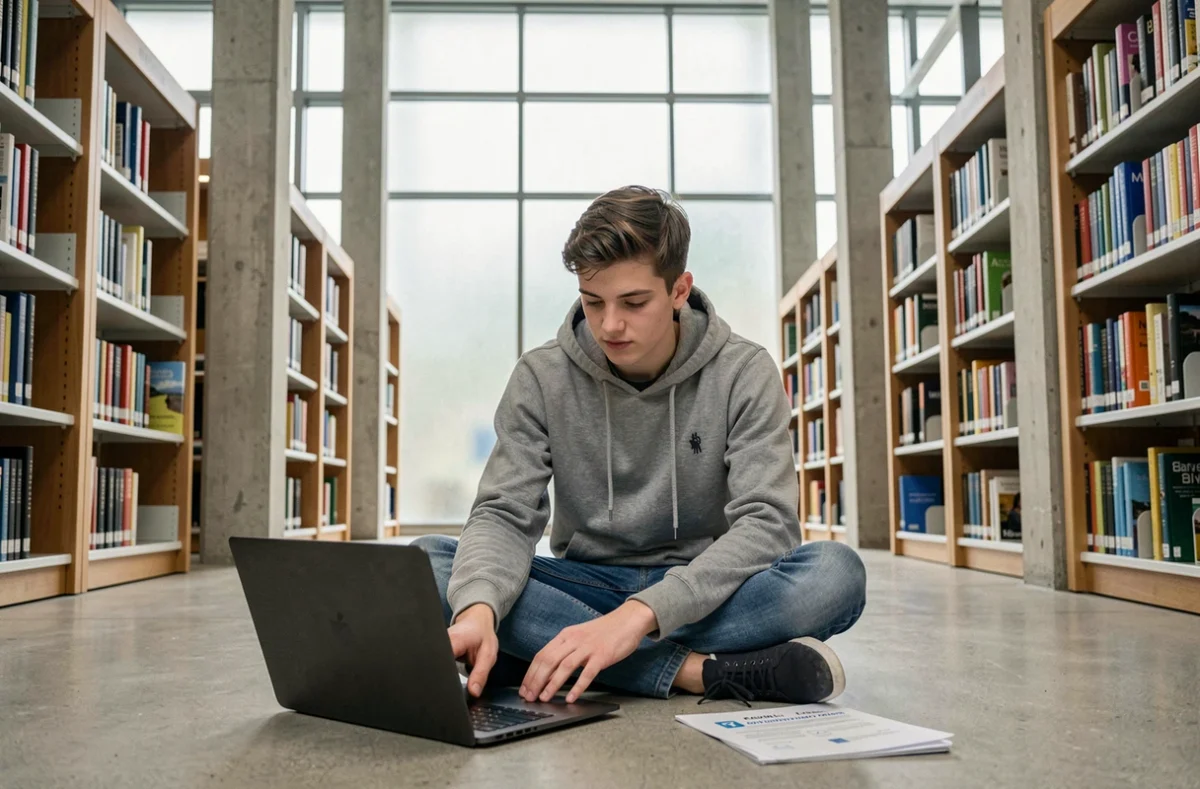 Étudiant configurant l'accès à Mel ouvert Caen sur un nouvel ordinateur portable dans une bibliothèque universitaire