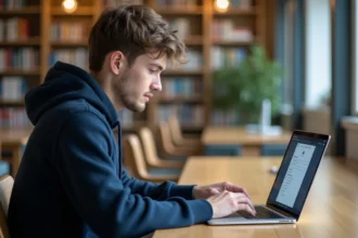 Étudiant de l'INSA Rouen consultant son webmail universitaire sur un ordinateur portable dans une bibliothèque
