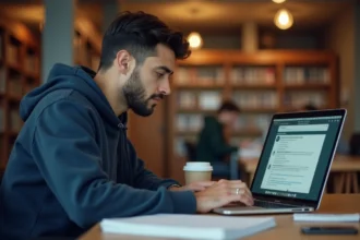 Étudiant universitaire consultant sa messagerie Zimbra sur un ordinateur portable dans une bibliothèque universitaire
