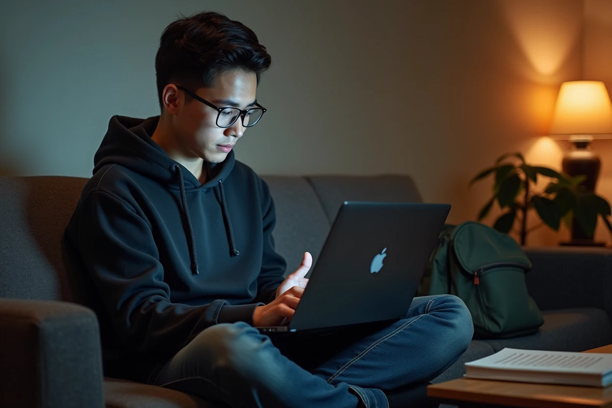 Étudiant avec lunettes sur un canapé consultant son téléphone pour récupérer l'accès à son webmail académique