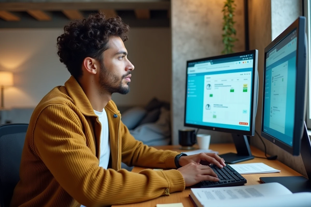 Étudiant gérant son emploi du temps universitaire Zimbra sur double écran dans un studio étudiant à Lille
