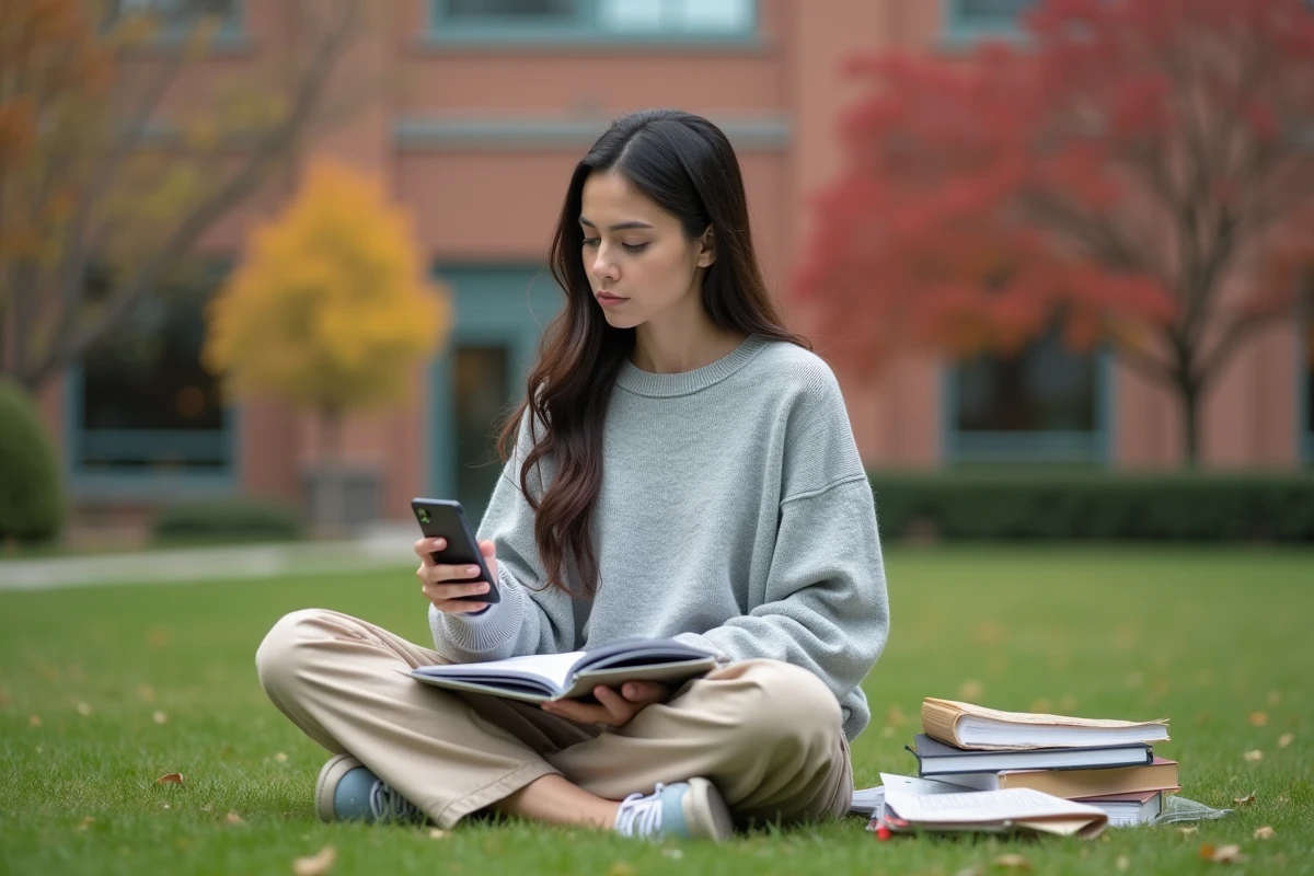 Étudiante organisée consultant son agenda et son smartphone sur le campus universitaire de Lille en automne