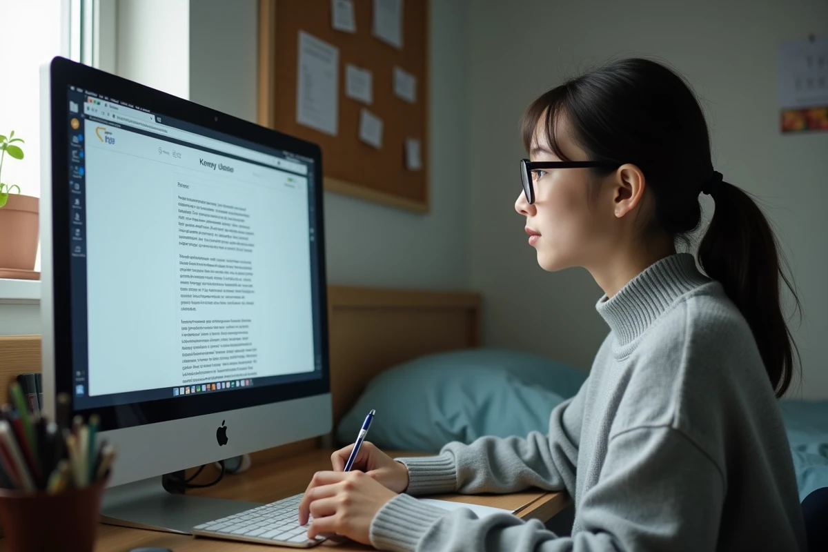 Étudiante nouvelle inscrite à l'INSA Rouen lisant un email sur le webmail depuis sa chambre universitaire