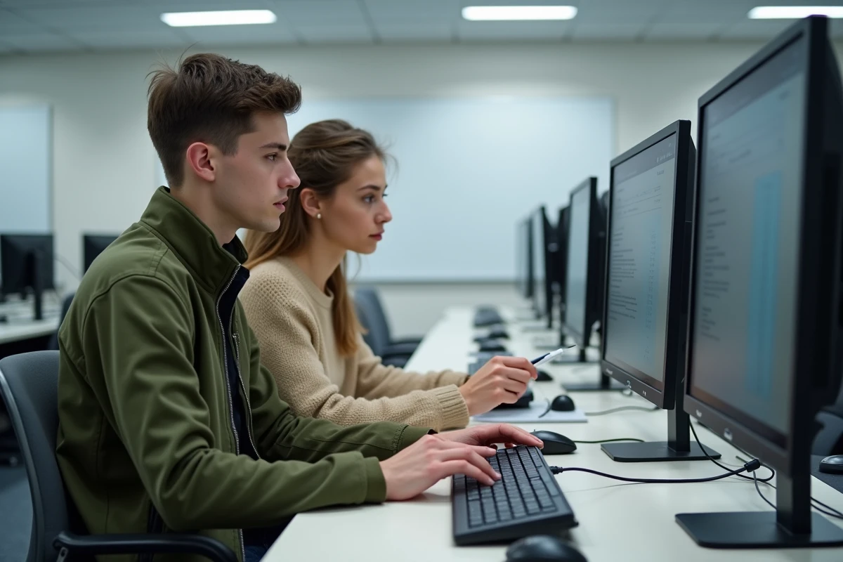 Deux étudiants de l'INSA Rouen configurant ensemble le webmail dans une salle informatique de l'école