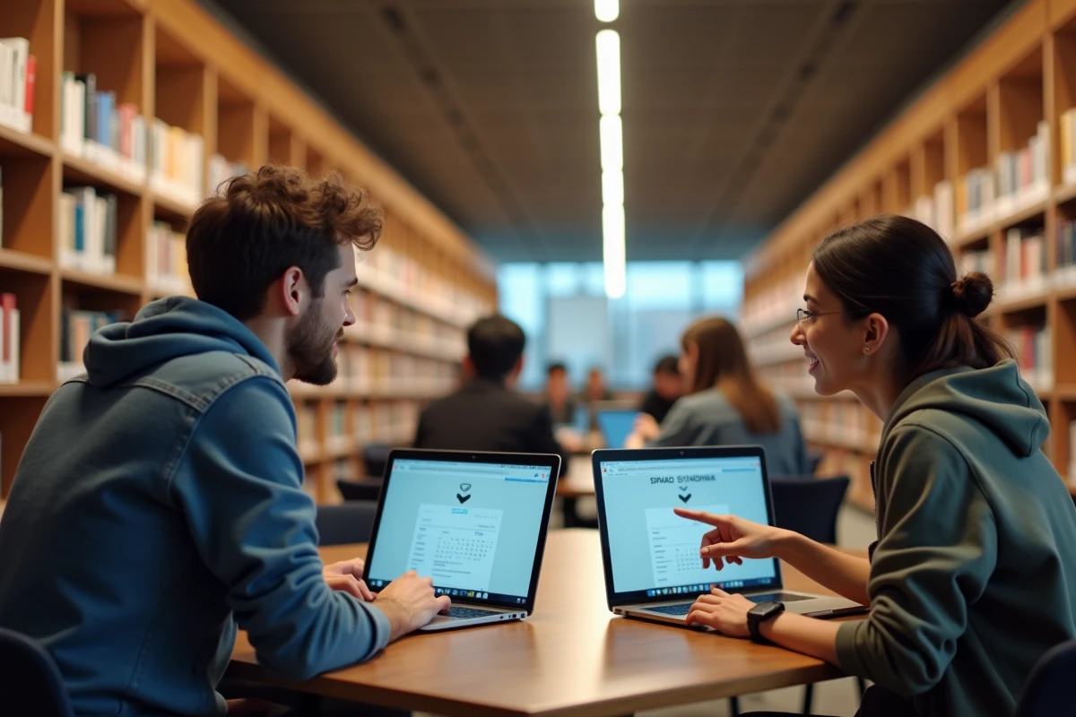 Deux étudiants synchronisant leurs outils ENT et webmail académique ensemble dans une bibliothèque universitaire à Rennes