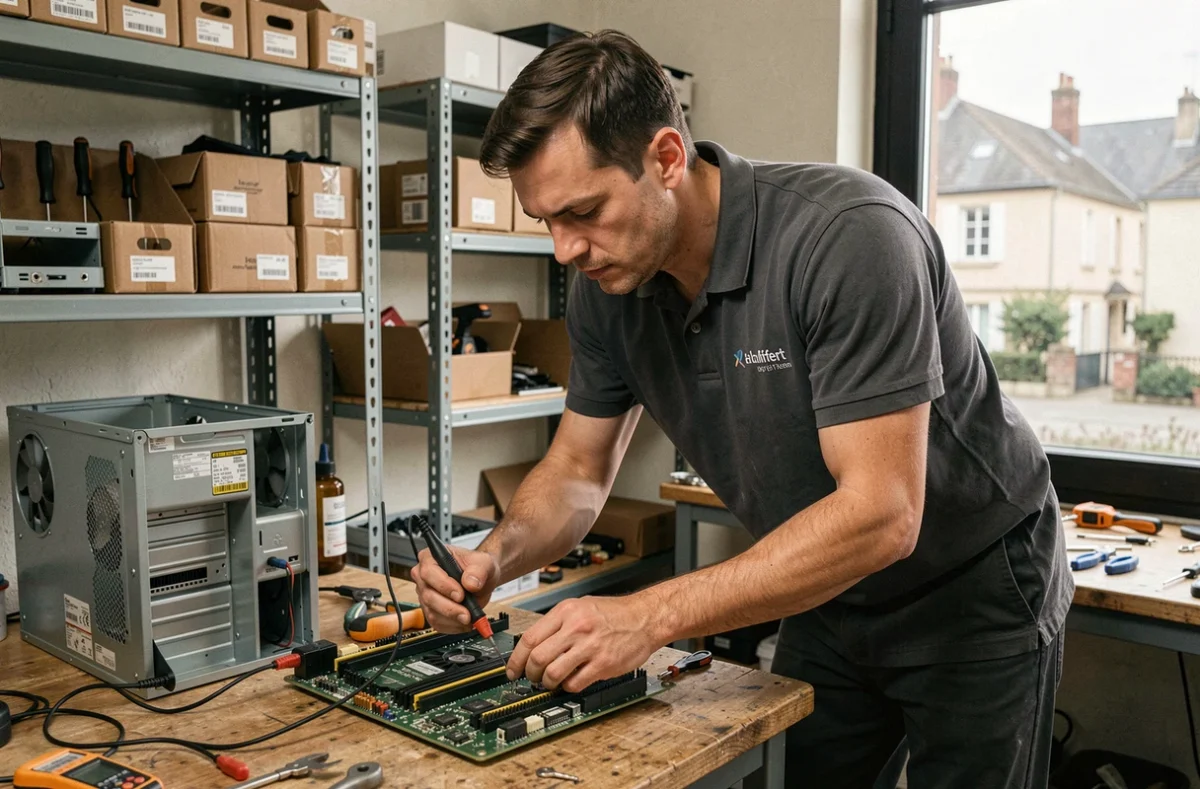 Technicien Evotech testant une carte mère d'ordinateur dans son atelier de dépannage à Chalifert