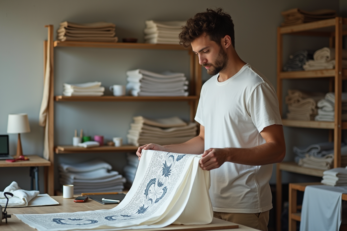 Jeune homme examinant un tissu imprimé dans un atelier