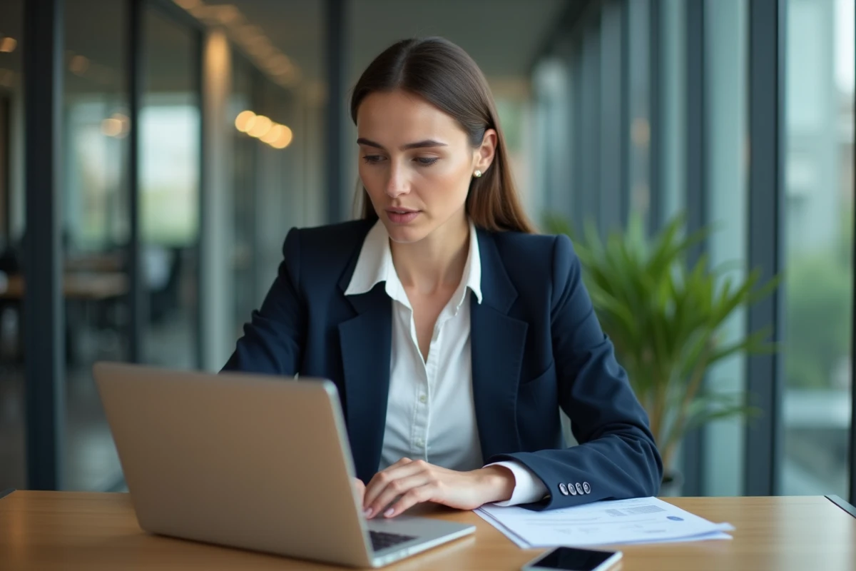Femme d'affaires en bureau moderne avec ordinateur