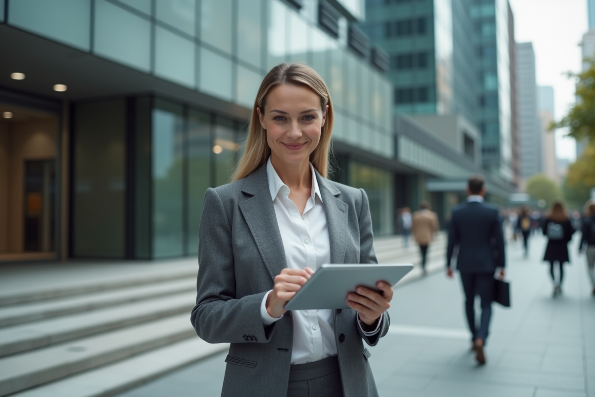 Femme d affaires avec tablette devant un bâtiment futuriste en ville