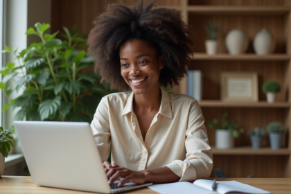 Jeune femme africaine travaillant sur son ordinateur dans un bureau moderne