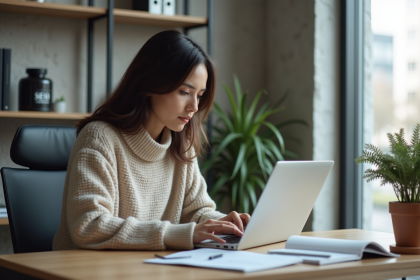 Jeune femme analysant des données SEO sur un laptop dans un bureau lumineux