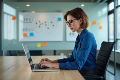 Femme analysant des données SEO dans un bureau moderne
