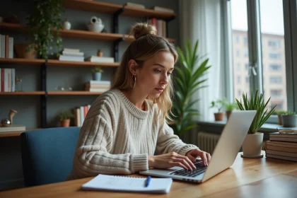 Femme concentrée sur son ordinateur dans un appartement moderne