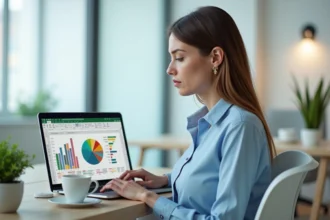 Femme en bureau créant un camembert Excel avec des pourcentages affichés sur l'écran
