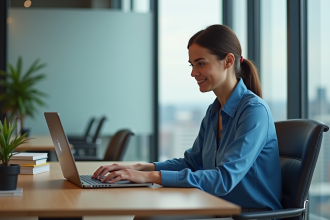 Femme concentrée au bureau avec ordinateur et décor moderne