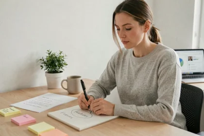 Femme concentrée à son bureau notant le mot features sur un carnet dans un bureau à domicile moderne