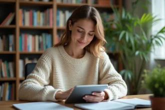 Jeune femme travaillant sur une tablette dans un bureau chaleureux