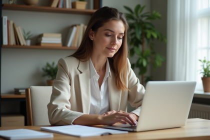 Femme en tenue décontractée travaillant à son bureau à domicile