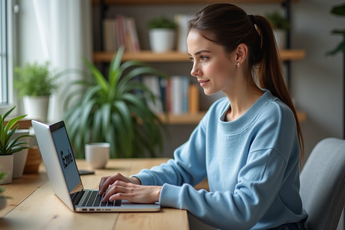 Femme assise à un bureau moderne utilisant un ordinateur portable