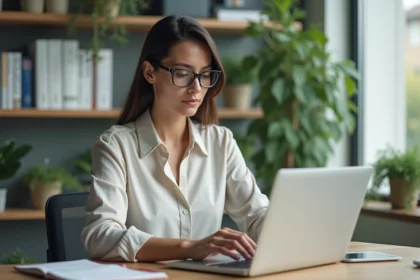 Femme concentrée travaillant sur son ordinateur dans un bureau moderne