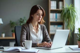 Femme au bureau avec ordinateur portable et documents