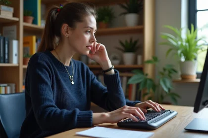 Jeune femme concentrée travaillant sur son ordinateur dans un bureau cosy
