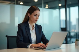 Femme professionnelle travaillant sur un ordinateur en bureau