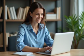 Femme organisée travaillant sur son ordinateur dans un bureau calme