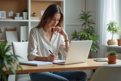 Femme concentrée travaillant sur son ordinateur dans un bureau à domicile