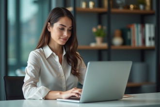 Femme d'affaires concentrée sur son ordinateur dans un bureau moderne
