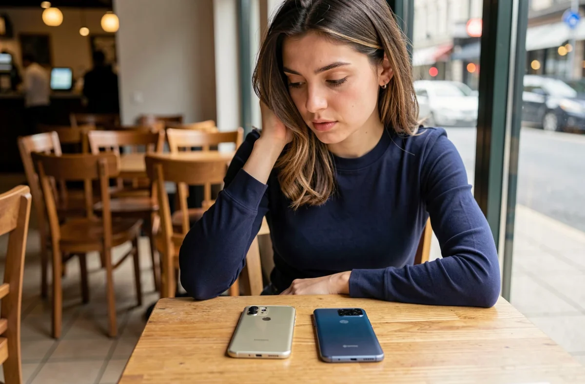 Femme comparant deux smartphones Huawei côte à côte dans un café, dont le P10 Lite et un modèle récent