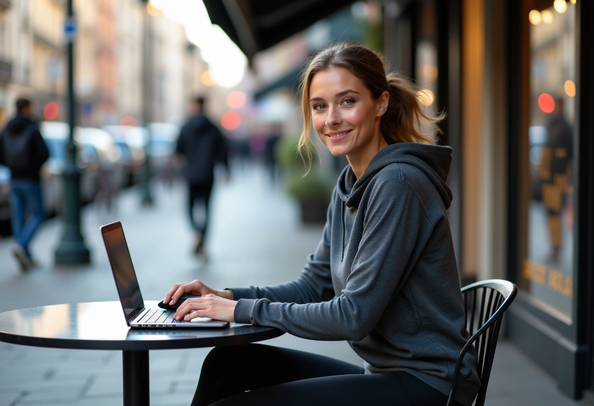Jeune femme en extérieur utilisant son ordinateur dans un café urbain