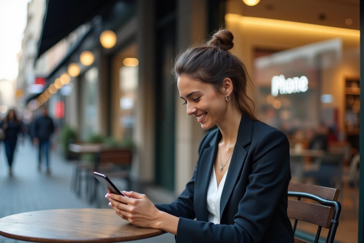 Jeune femme au café utilisant son smartphone en ville