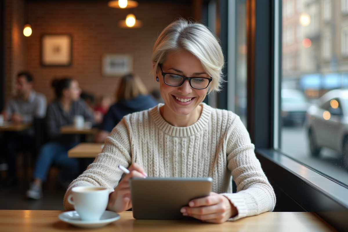 Femme lisant une tablette dans un café animé